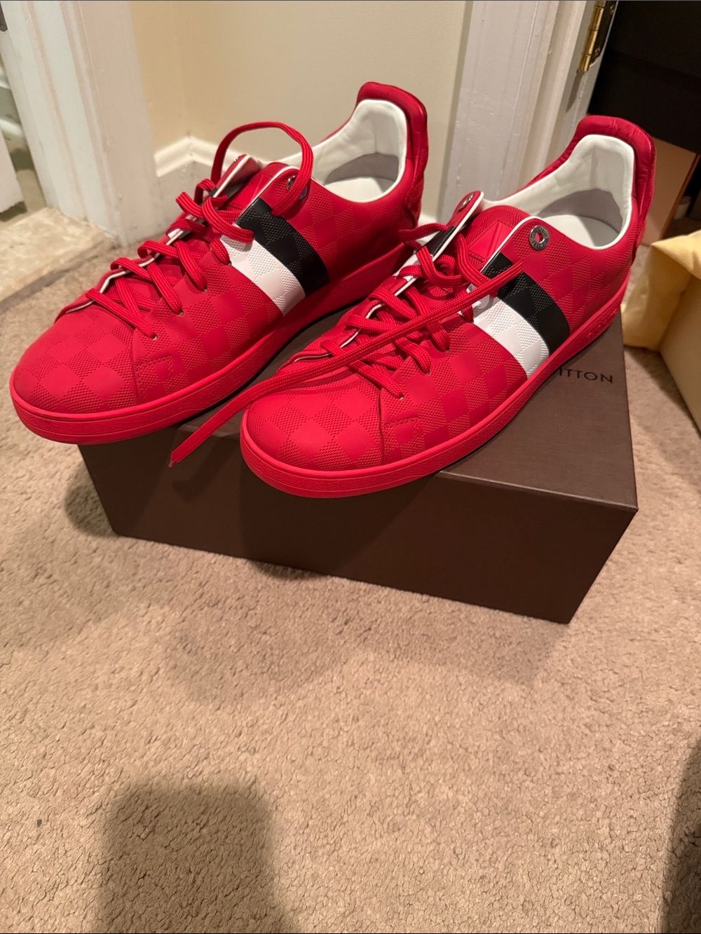 Louis Vuitton Red Sneaker with Black & White Stripe Accent - Picture 3 of 12